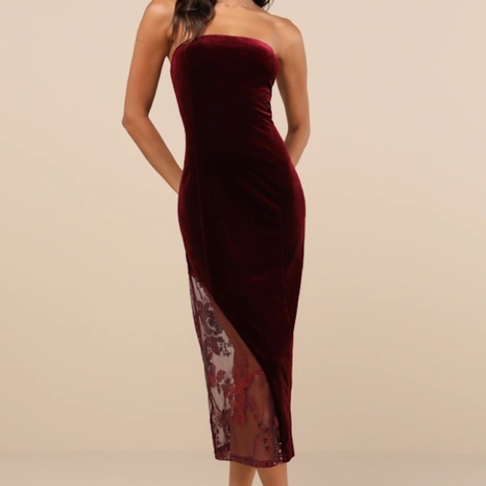 Lulus Feeling So Luxe Burgundy Velvet Mesh Sequin Strapless Midi Dress